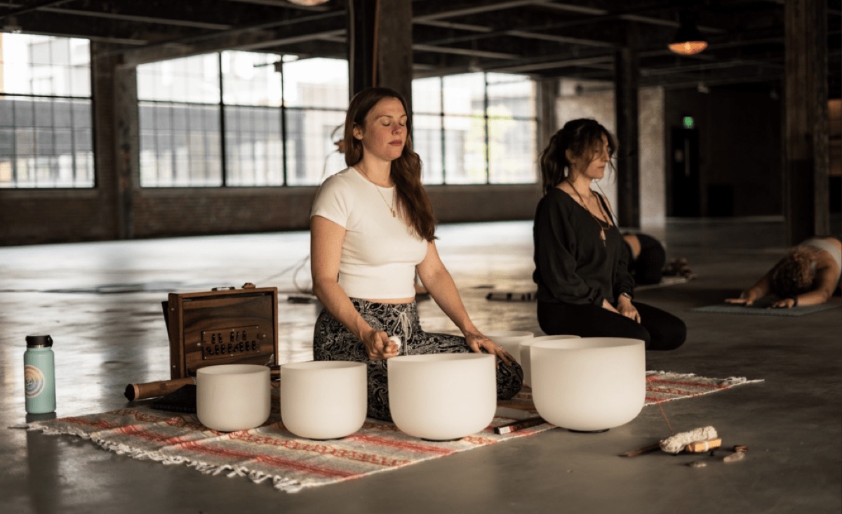 Sound bowl meditation on the factory floor